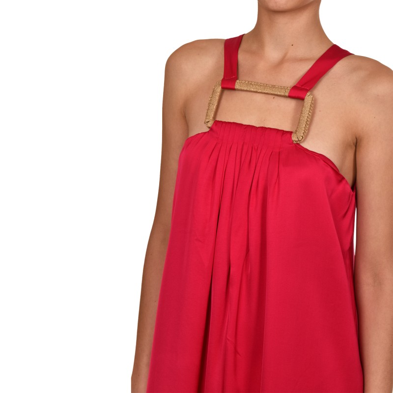 Aggel Long Satin Dress With Square Chestline Holder-Fuchsia