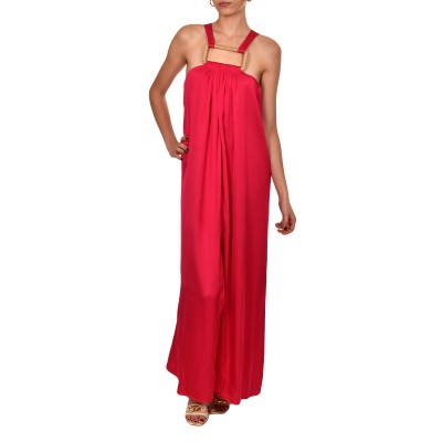 Aggel Long Satin Dress With Square Chestline Holder-Fuchsia