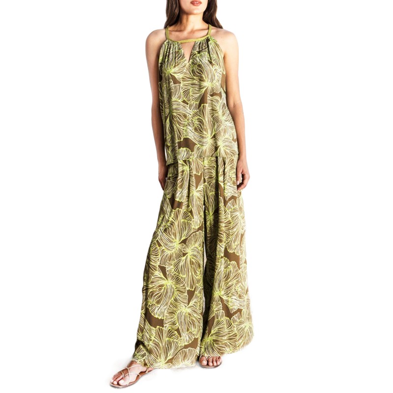 Aggel Top Abstract Floral With Knit Details-Sand/Green/Ivory Aggel Top Abstract Floral With Knit Details-Sand/Green/Ivory