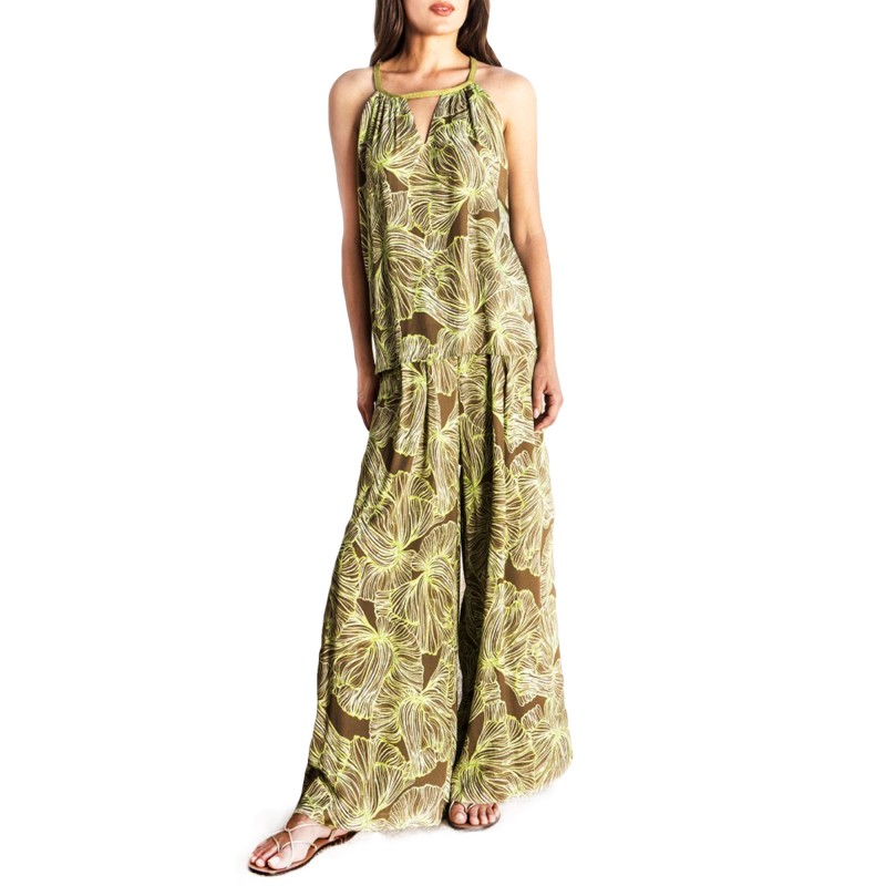 Aggel Trousers Wide Abstract Floral With Knit Details-Sand/Green/Ivory Aggel Trousers Wide Abstract Floral With Knit Details-Sand/Green/Ivory
