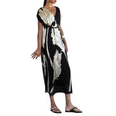 Aggel Dress V Neck Metallic Gold Botanical Motif With Belt-Black/Gold