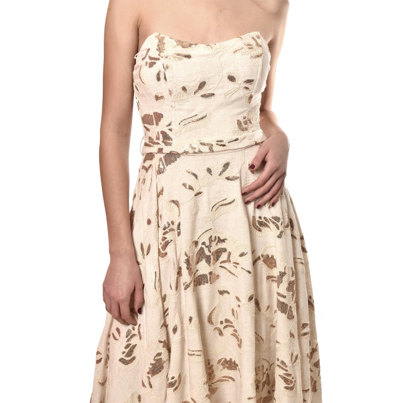 Twins Fantasy Dress Midi Strapless With Floral Embroidery Sequined Details-Ivory