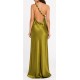 Twin Fantasy Dress Long Satin Beaded Straps-Olive Twin Fantasy Dress Long Satin Beaded Straps-Olive