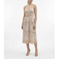 Twin Fantasy Dress Midi Floral Embroidered With Belt-Beige