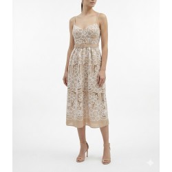 Twin Fantasy Dress Midi Floral Embroidered With Belt-Beige