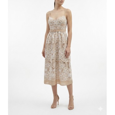Twin Fantasy Dress Midi Floral Embroidered With Belt-Beige