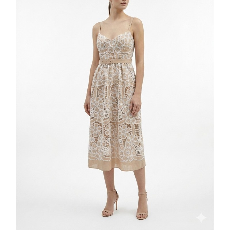 Twin Fantasy Dress Midi Floral Embroidered With Belt-Beige Twin Fantasy Dress Midi Floral Embroidered With Belt-Beige