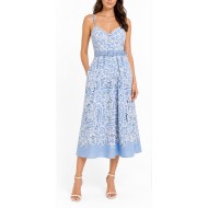 Twin Fantasy Dress Midi Floral Embroidered With Belt-Light Blue