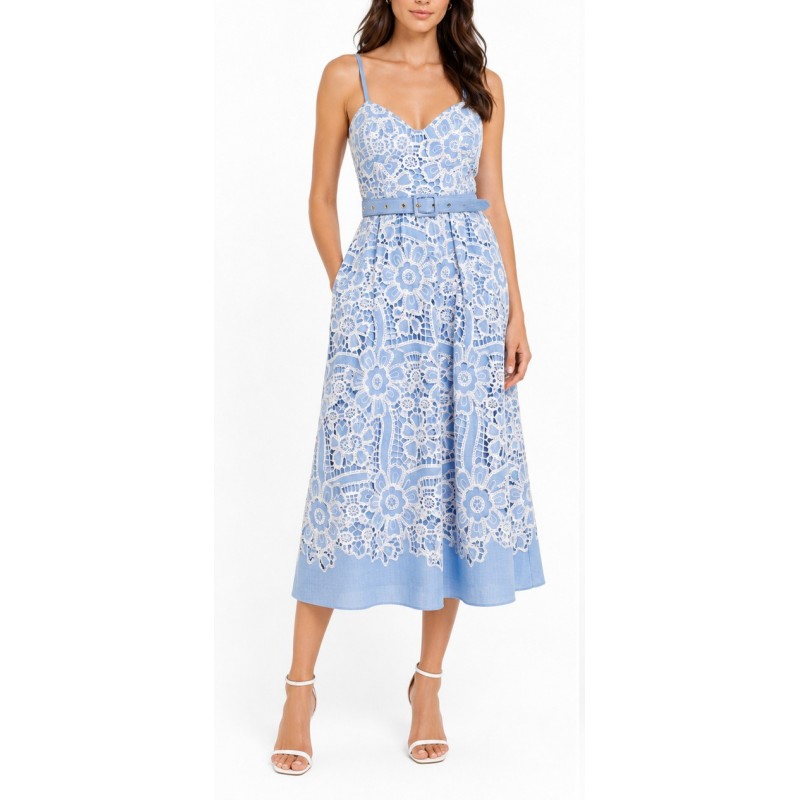 Twin Fantasy Dress Midi Floral Embroidered With Belt-Light Blue Twin Fantasy Dress Midi Floral Embroidered With Belt-Light Blue