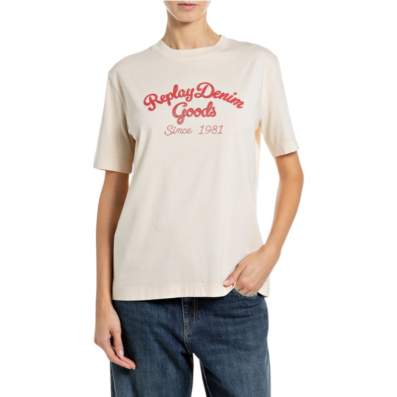 Replay T-Shirt Boxy Fit Logo Print-Eggnog