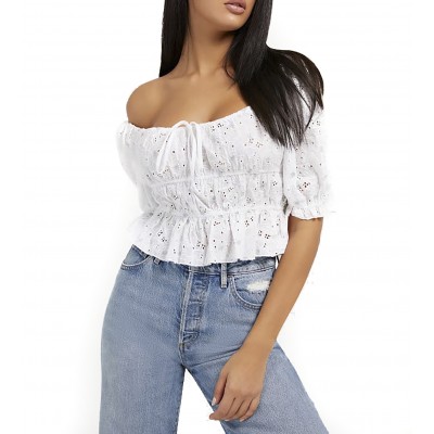 Guess Embroidery Floral Top With Puffed Sleeves-White