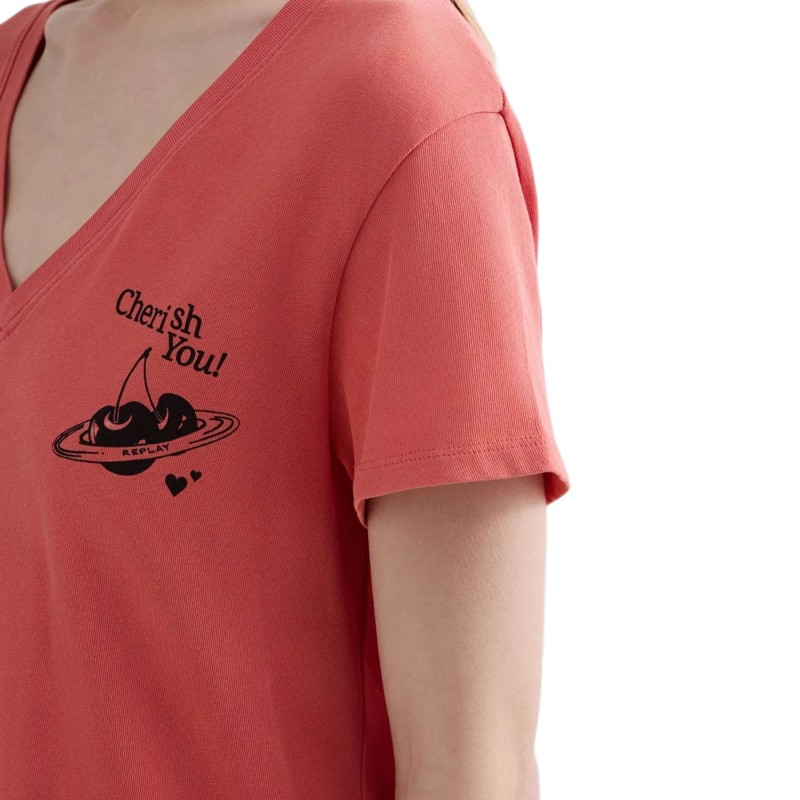 Replay T-Shirt V Neck Cherish You Print-Coral