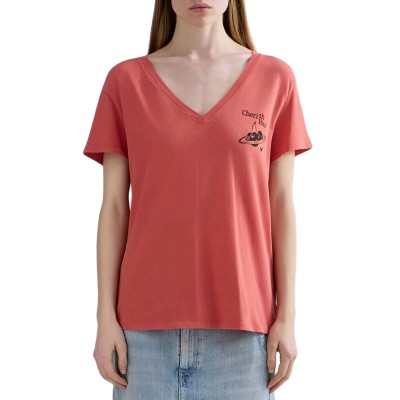 Replay T-Shirt V Neck Cherish You Print-Coral
