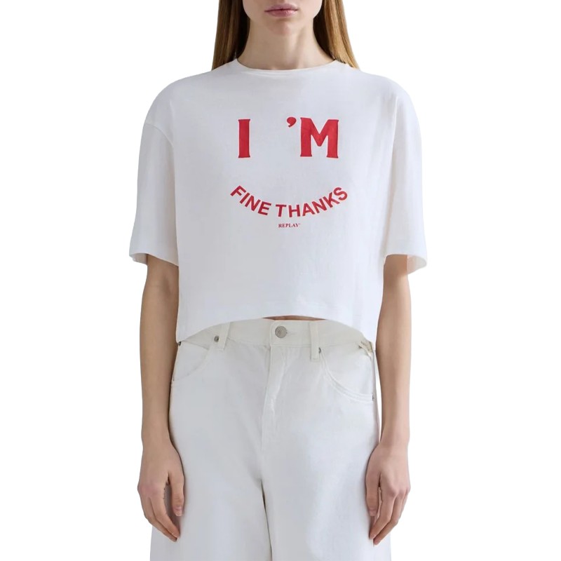 Replay T-Shirt Cropped With Lettering-White