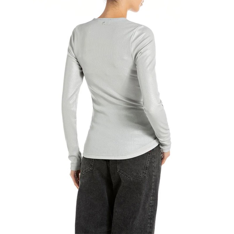 Replay T-Shirt Shiny Effect Long Sleeved-Ice Replay T-Shirt Shiny Effect Long Sleeved-Ice