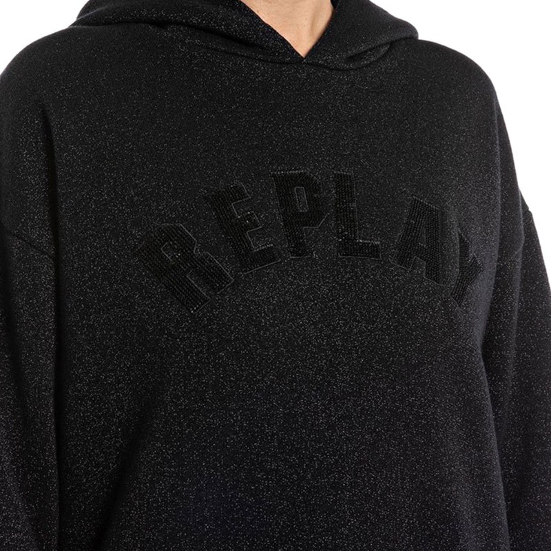 Replay Lurex Hoodie Sweatshirt With Sequins Logo-Black