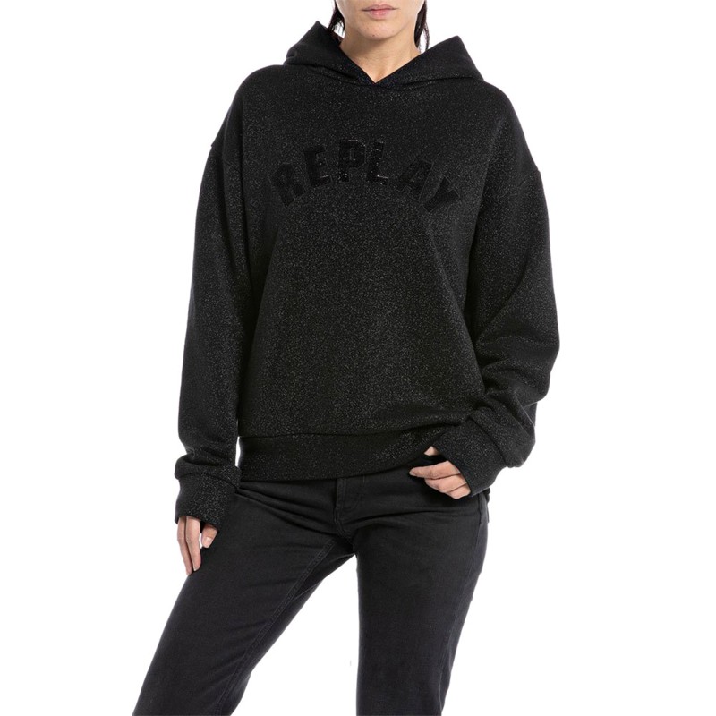 Replay Lurex Hoodie Sweatshirt With Sequins Logo-Black