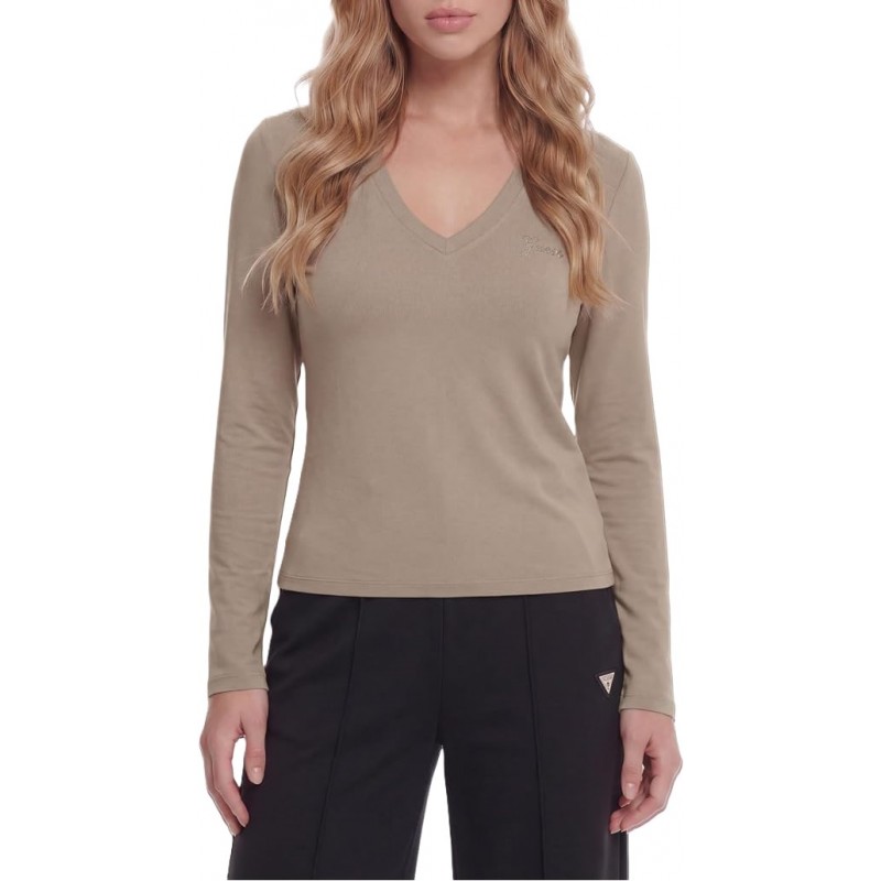 Guess T-Shirt Long Sleeve V Neck-Beige