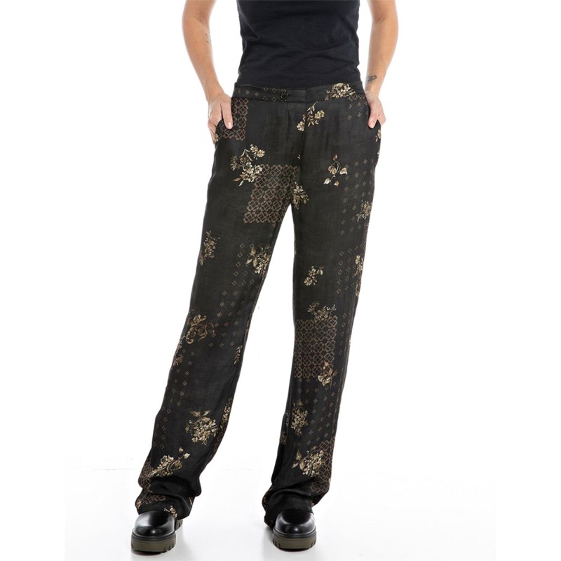 Replay Pyjama Trousers In Viscose Satin-Dark Brown/Cream