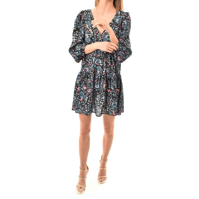 Replay Short Frilled Dress With All-Over Pattern-Black/Azure/Pink
