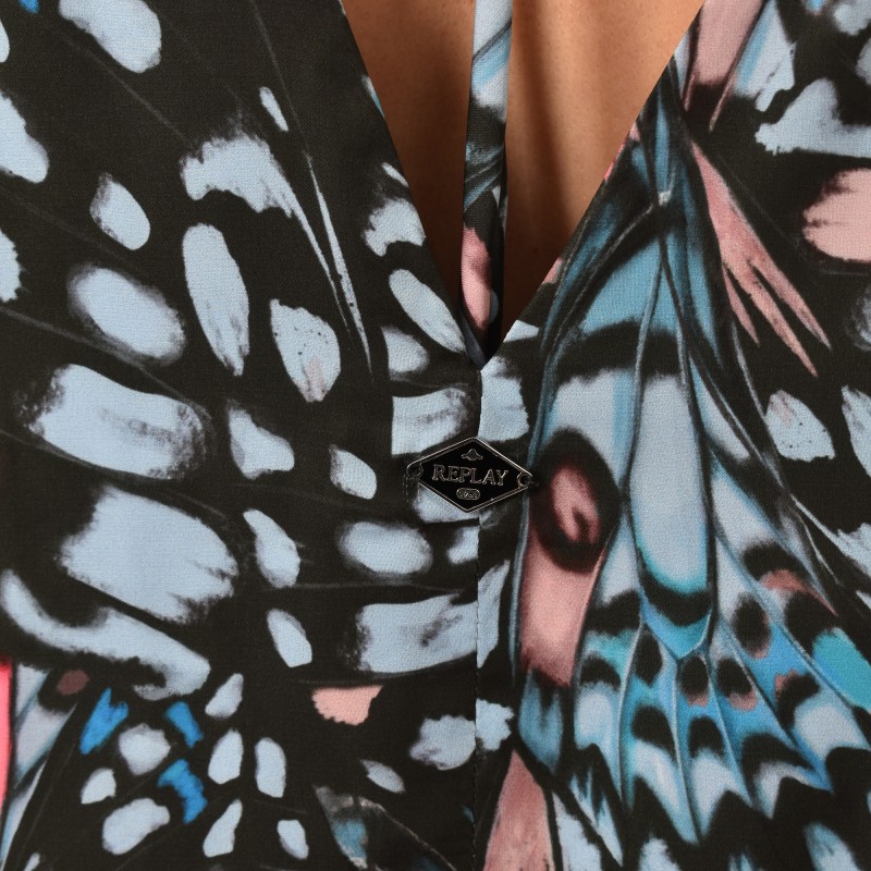 Replay Short Frilled Dress With All-Over Pattern-Black/Azure/Pink Replay Short Frilled Dress With All-Over Pattern-Black/Azure/Pink