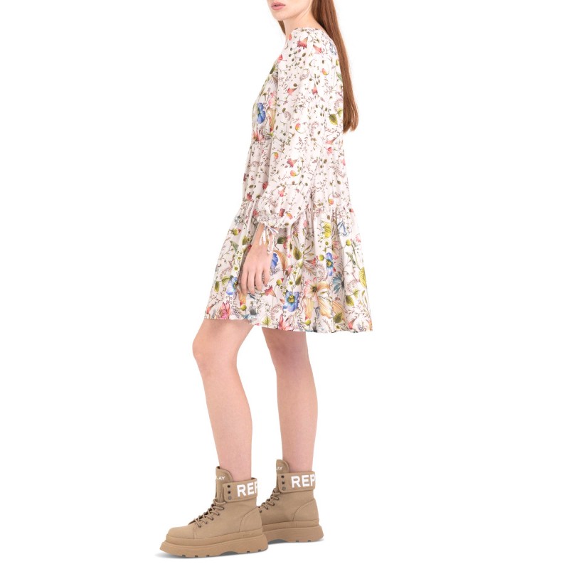 Replay Short Frilled Dress With All-Over Pattern-Sand/Multicolor