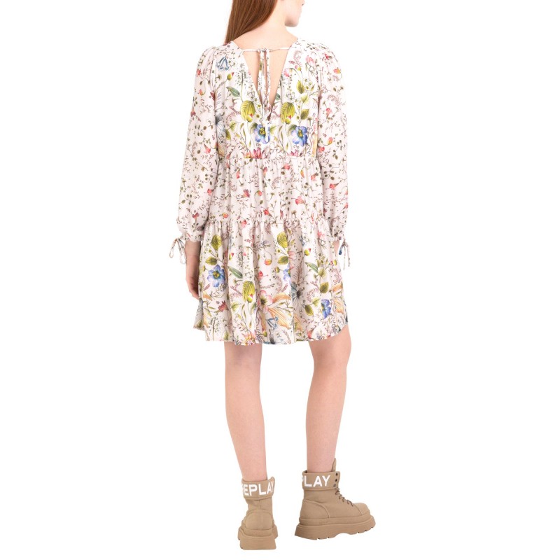 Replay Short Frilled Dress With All-Over Pattern-Sand/Multicolor