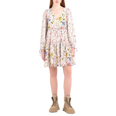 Replay Short Frilled Dress With All-Over Pattern-Sand/Multicolor