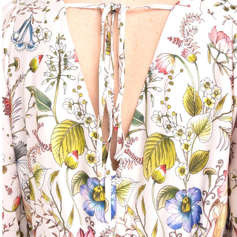Replay Short Frilled Dress With All-Over Pattern-Sand/Multicolor