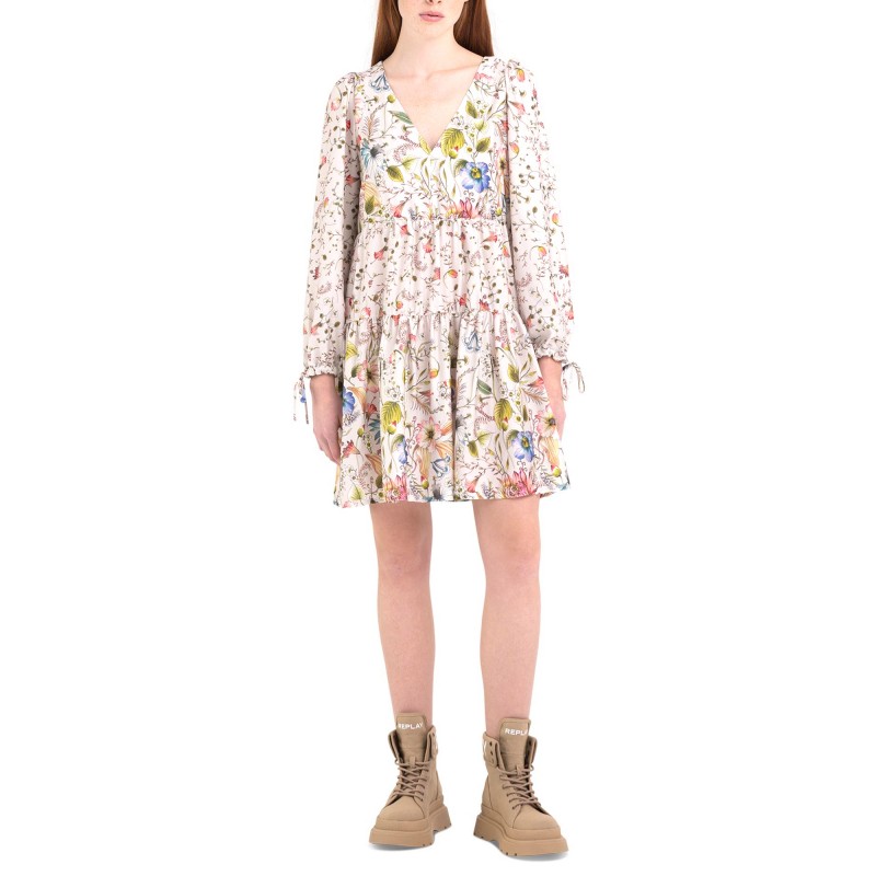Replay Short Frilled Dress With All-Over Pattern-Sand/Multicolor