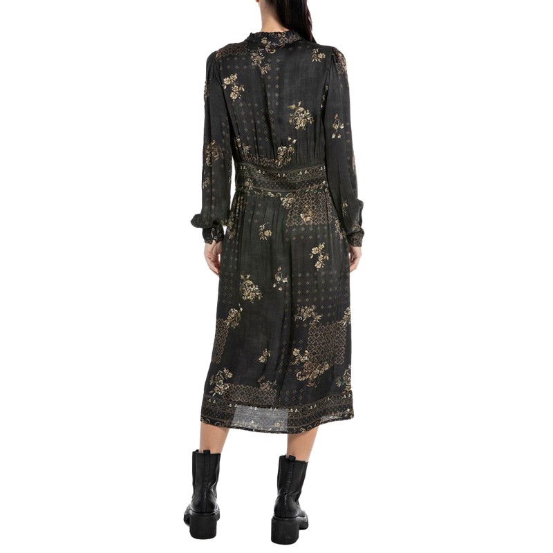 Replay Floral Patterned Dress In Viscose-Dark Brown/Cream Replay Floral Patterned Dress In Viscose-Dark Brown/Cream