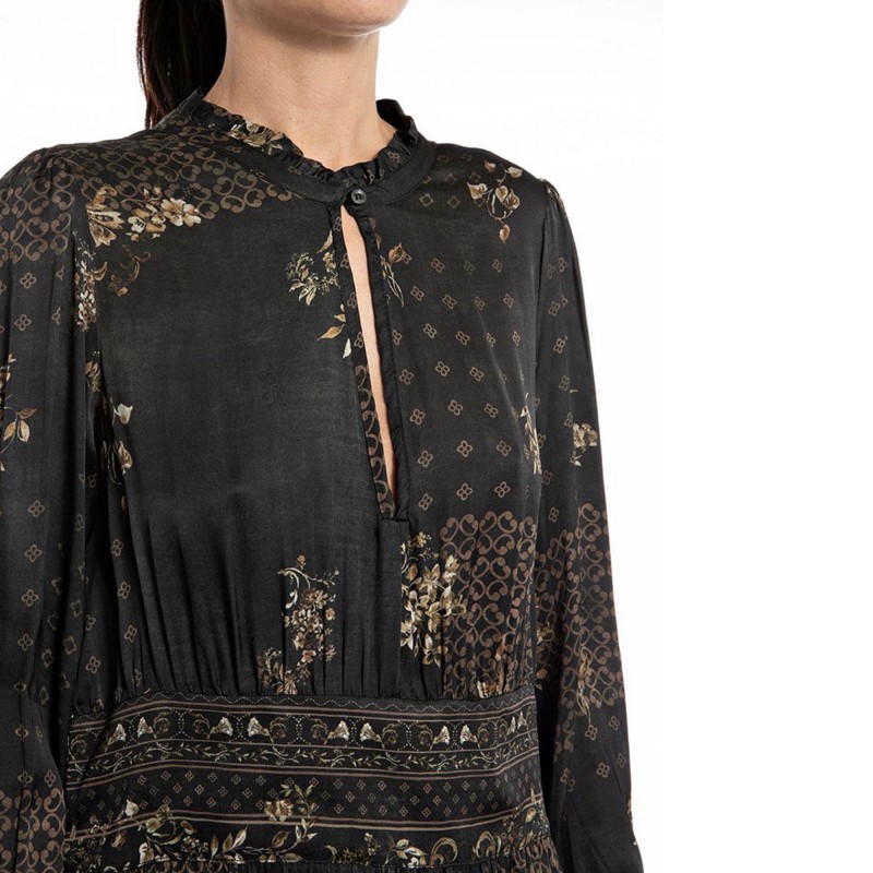 Replay Floral Patterned Dress In Viscose-Dark Brown/Cream Replay Floral Patterned Dress In Viscose-Dark Brown/Cream