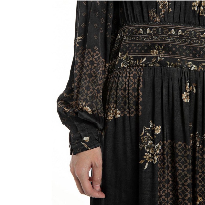 Replay Floral Patterned Dress In Viscose-Dark Brown/Cream Replay Floral Patterned Dress In Viscose-Dark Brown/Cream