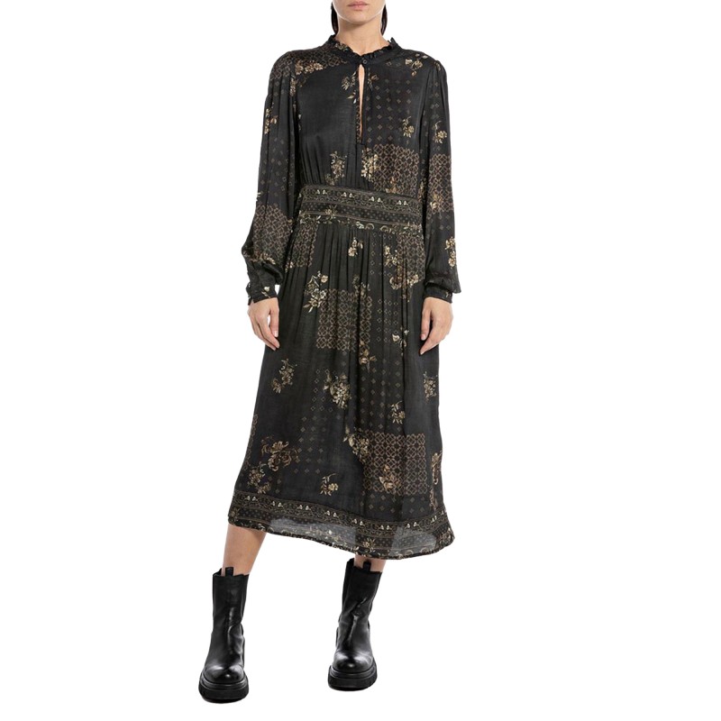Replay Floral Patterned Dress In Viscose-Dark Brown/Cream Replay Floral Patterned Dress In Viscose-Dark Brown/Cream