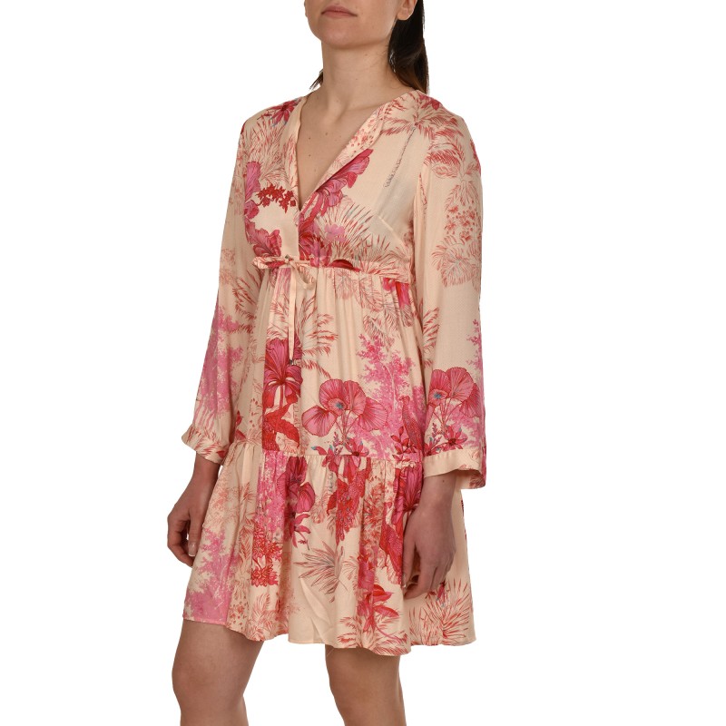 Replay Satin Dress With Floral Print-Beige/Fuchsia Replay Satin Dress With Floral Print-Beige/Fuchsia