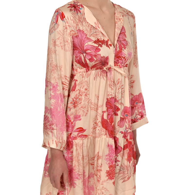Replay Satin Dress With Floral Print-Beige/Fuchsia Replay Satin Dress With Floral Print-Beige/Fuchsia