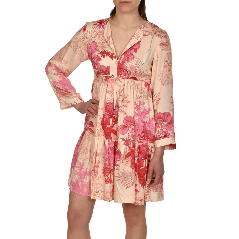 Replay Satin Dress With Floral Print-Beige/Fuchsia Replay Satin Dress With Floral Print-Beige/Fuchsia