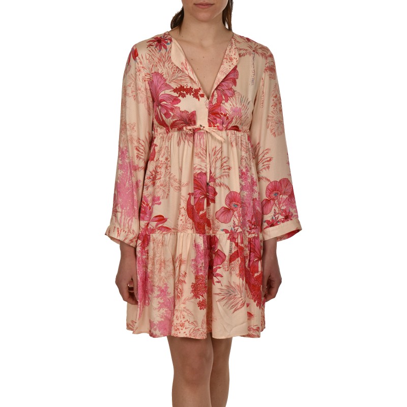 Replay Satin Dress With Floral Print-Beige/Fuchsia Replay Satin Dress With Floral Print-Beige/Fuchsia