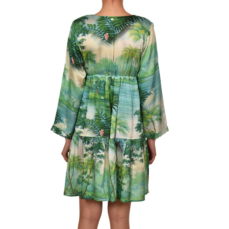 Replay Short Frilled Dress With Exotic Print-Vibrant Green Replay Short Frilled Dress With Exotic Print-Vibrant Green