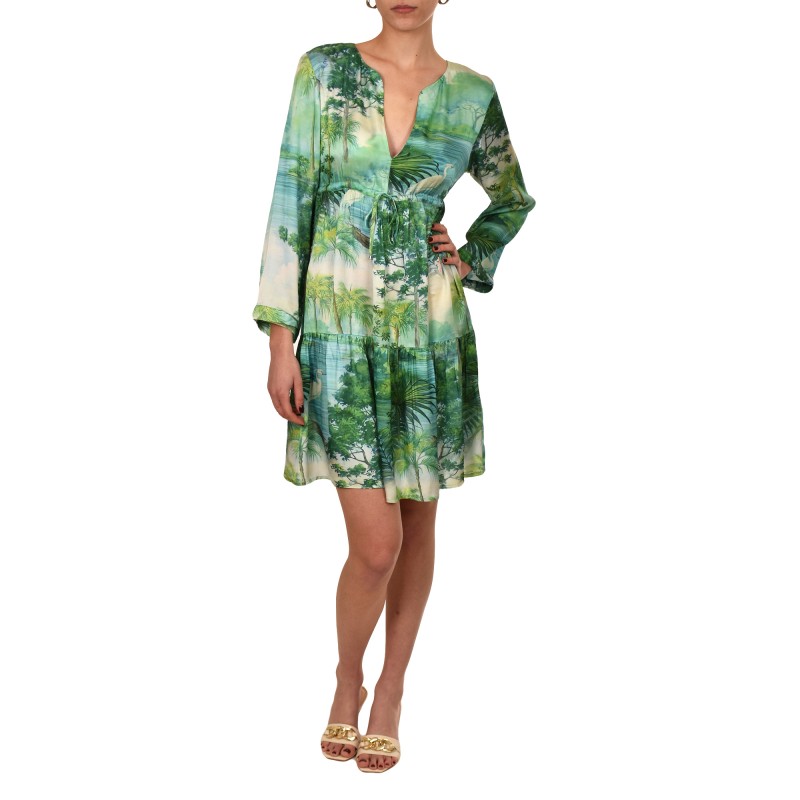 Replay Short Frilled Dress With Exotic Print-Vibrant Green Replay Short Frilled Dress With Exotic Print-Vibrant Green