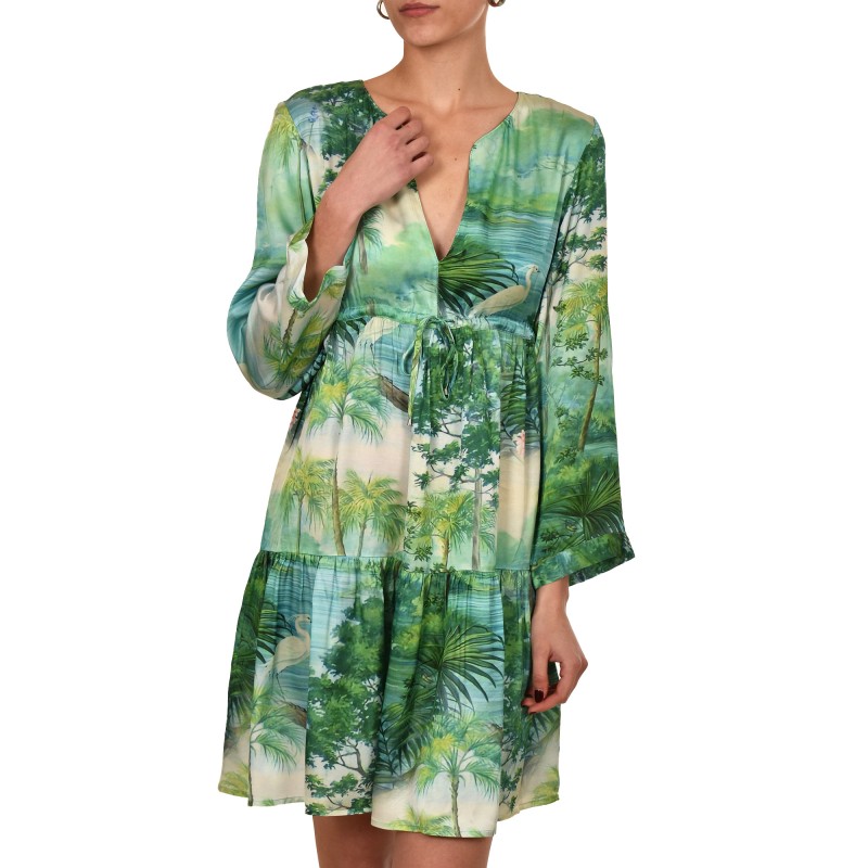 Replay Short Frilled Dress With Exotic Print-Vibrant Green Replay Short Frilled Dress With Exotic Print-Vibrant Green