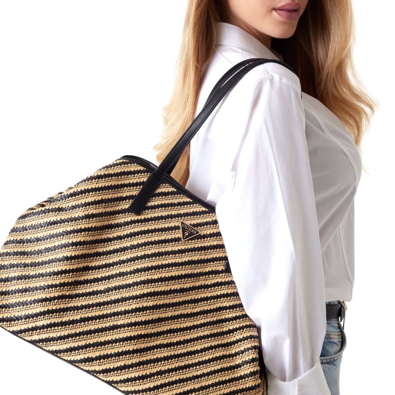 Guess Vikki II Shopper Bag Rafia Pochette-Black/Natural
