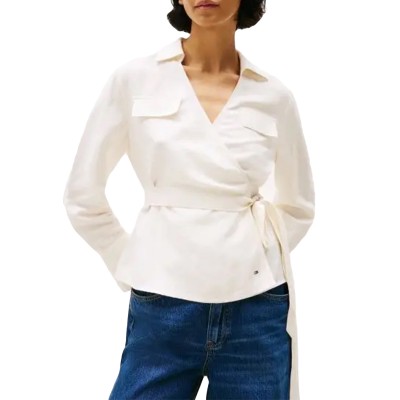Tommy Hilfiger Blouse Relaxed Fit Linen Blend Wrap-Ivory Petal