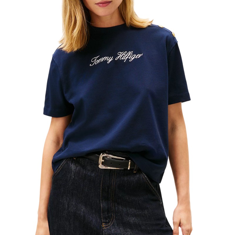 Tommy Hilfiger T-Shirt Gold Button Script Modern-Dark Night Navy