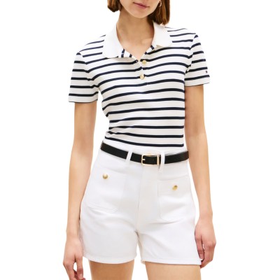 Tommy Hilfiger Polo Shirt Gold Button-Brelon Striped Ecru/Dark Night Navy