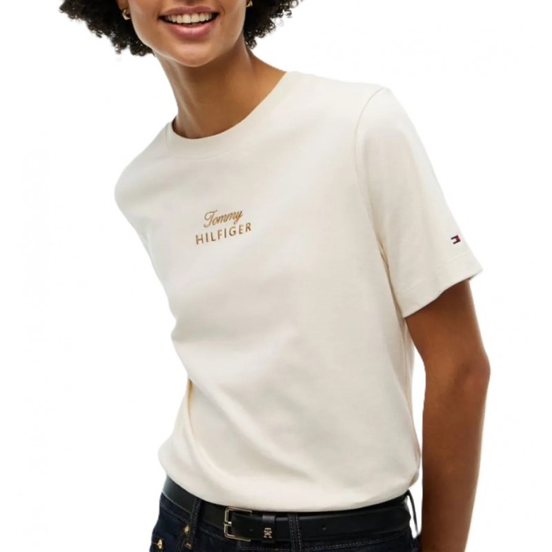 Tommy Hilfiger T-Shirt Gold Script Modern Crew Neck-Sugarcane Tommy Hilfiger T-Shirt Gold Script Modern Crew Neck-Sugarcane