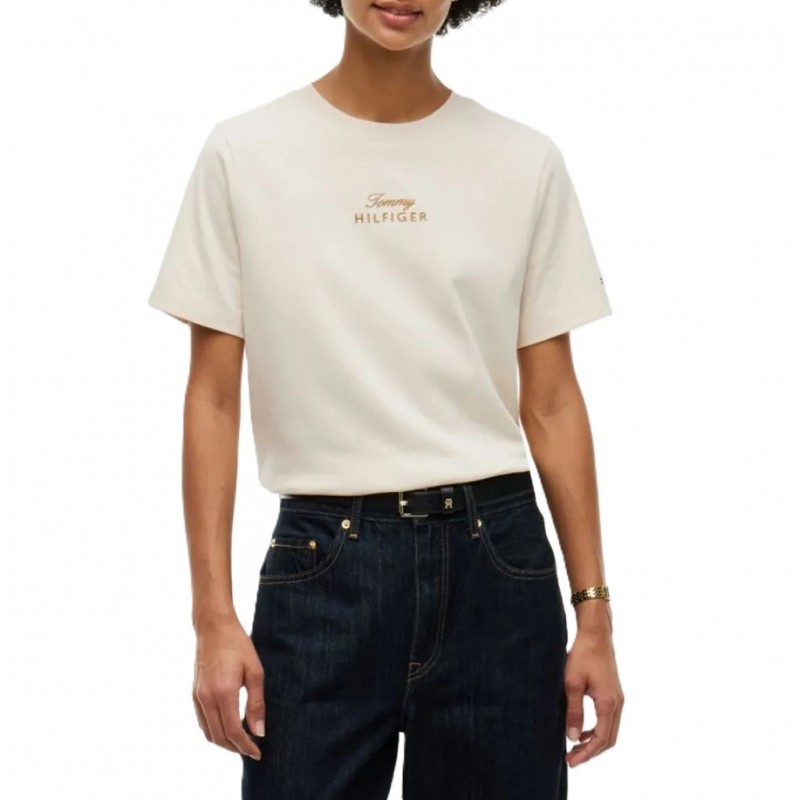 Tommy Hilfiger T-Shirt Gold Script Modern Crew Neck-Sugarcane Tommy Hilfiger T-Shirt Gold Script Modern Crew Neck-Sugarcane