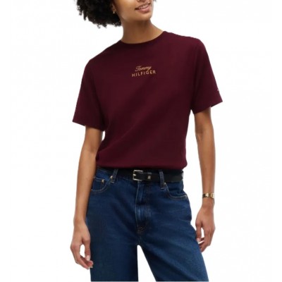 Tommy Hilfiger T-Shirt Gold Script Modern Crew Neck-Deep Burgundy