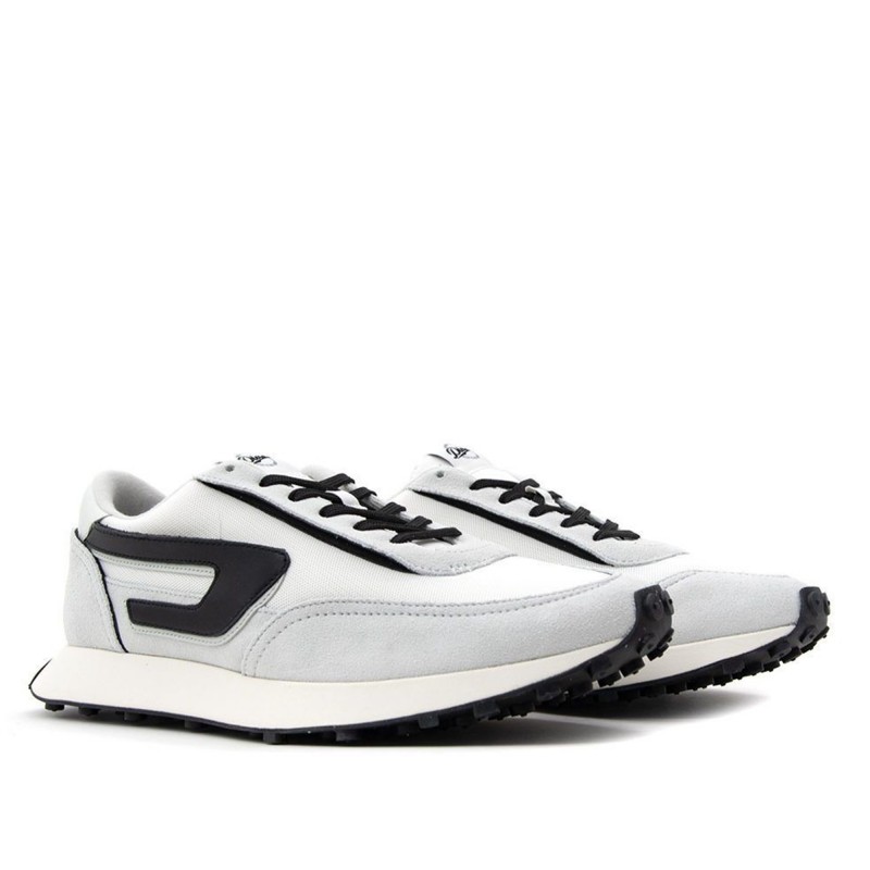 Diesel Mixed Material Sneakers With Contrast Tread-Barely White/Black Oyster