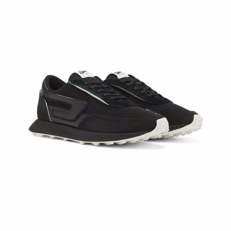 Diesel Mixed Material Sneakers With Contrast Tread-Black/White